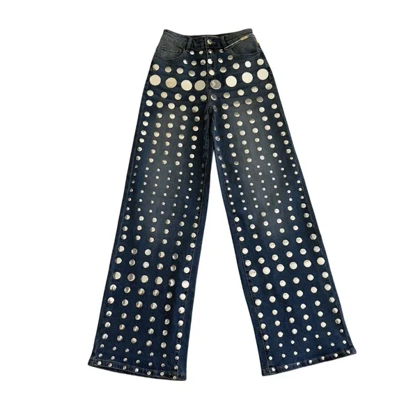 Lizette Mirror Studded Wide Leg Jeans | Medium (Fits Size 6) | High Rise Denim - Picture 4 of 9